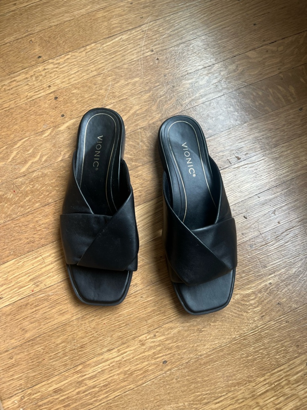 Vionic Black Cross-Strap Leather Slide Mules